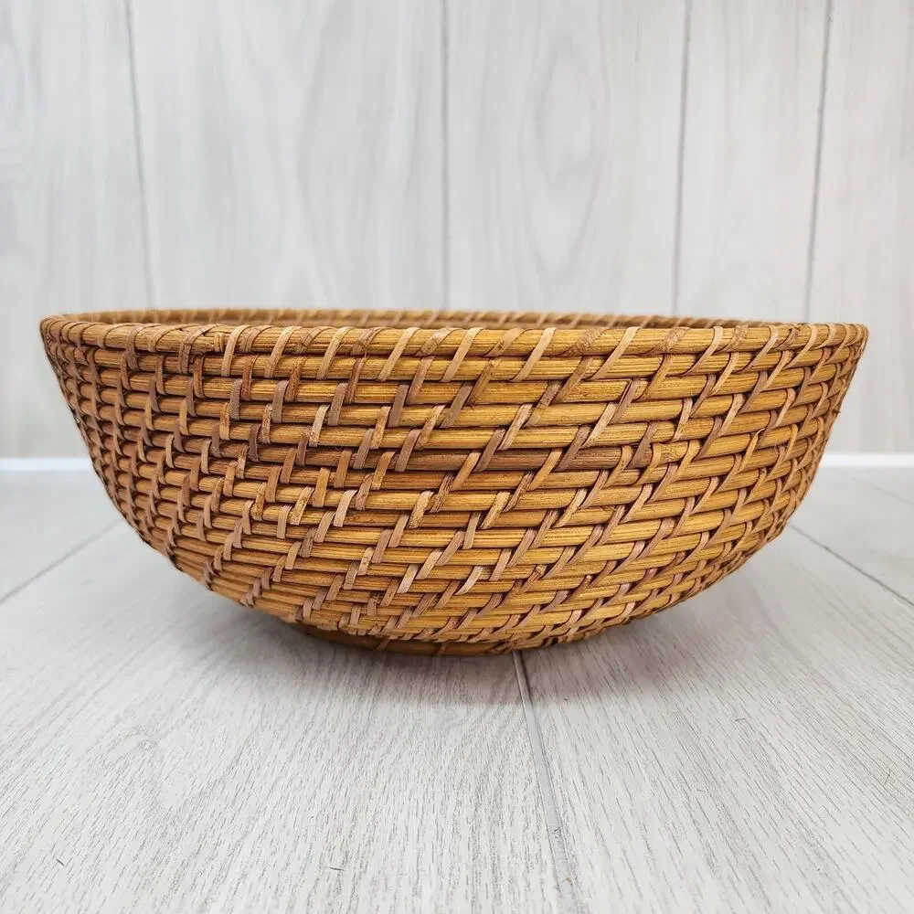 Boho Wicker Woven Fruit Basket United Wood Base Wide Oval Serving Storage 13x5
